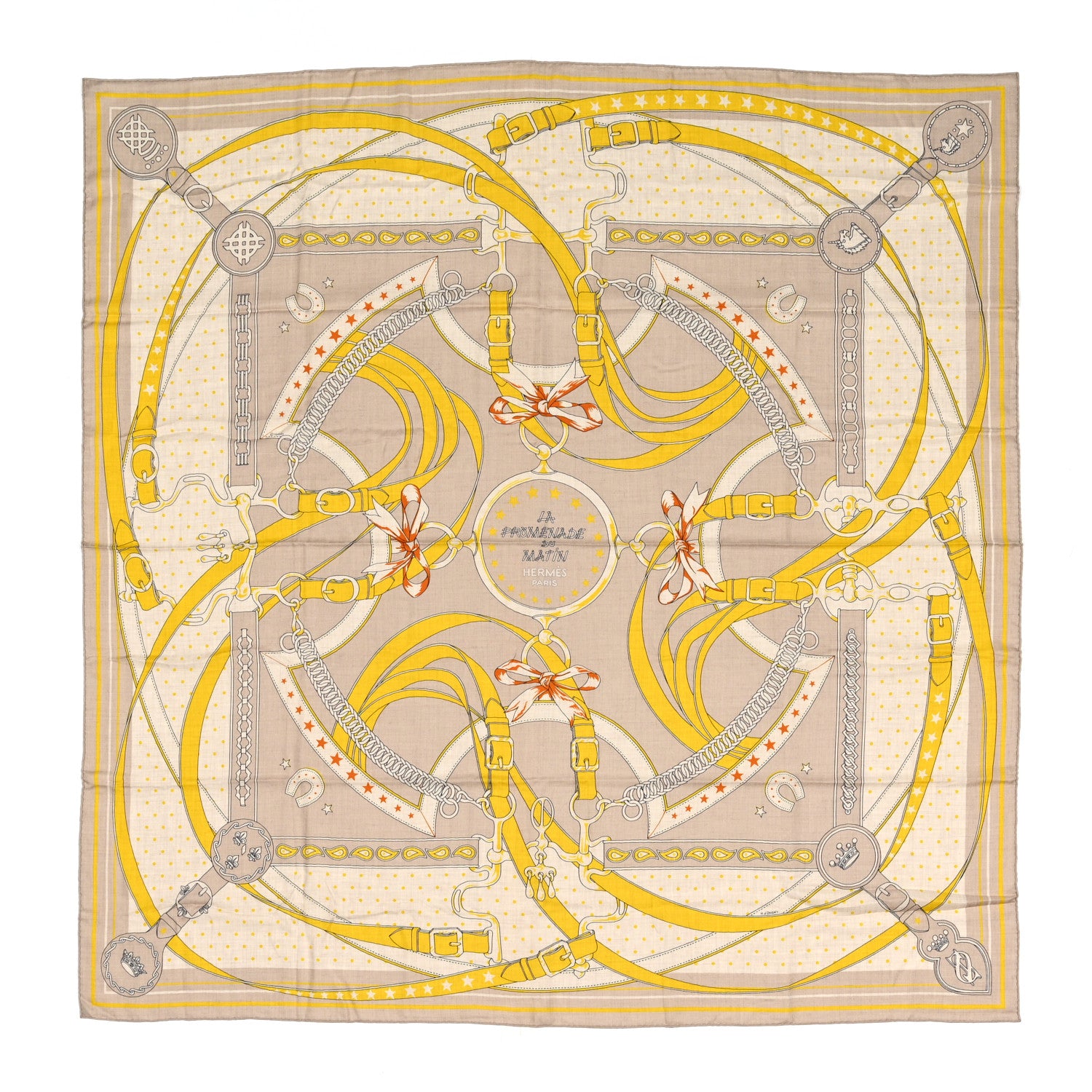 Hermes Cashmere Silk La Promenade du Matin Bandana Shawl 140 Naturel Beige Jaune Vif 1 of 4