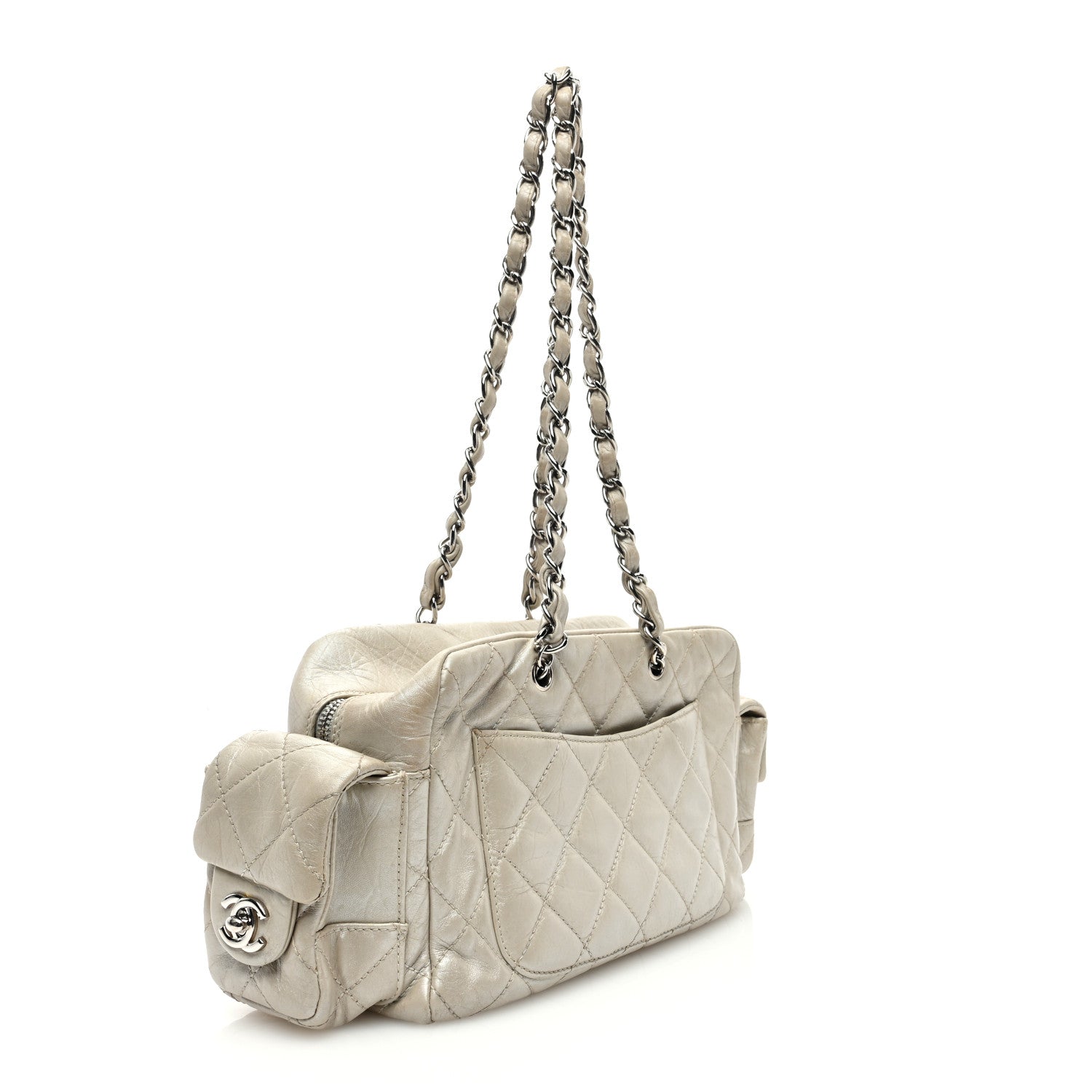 Chanel Metallic Aged Calfskin Quilted Small Cambon Reporter Argent Clair 3 of 12
