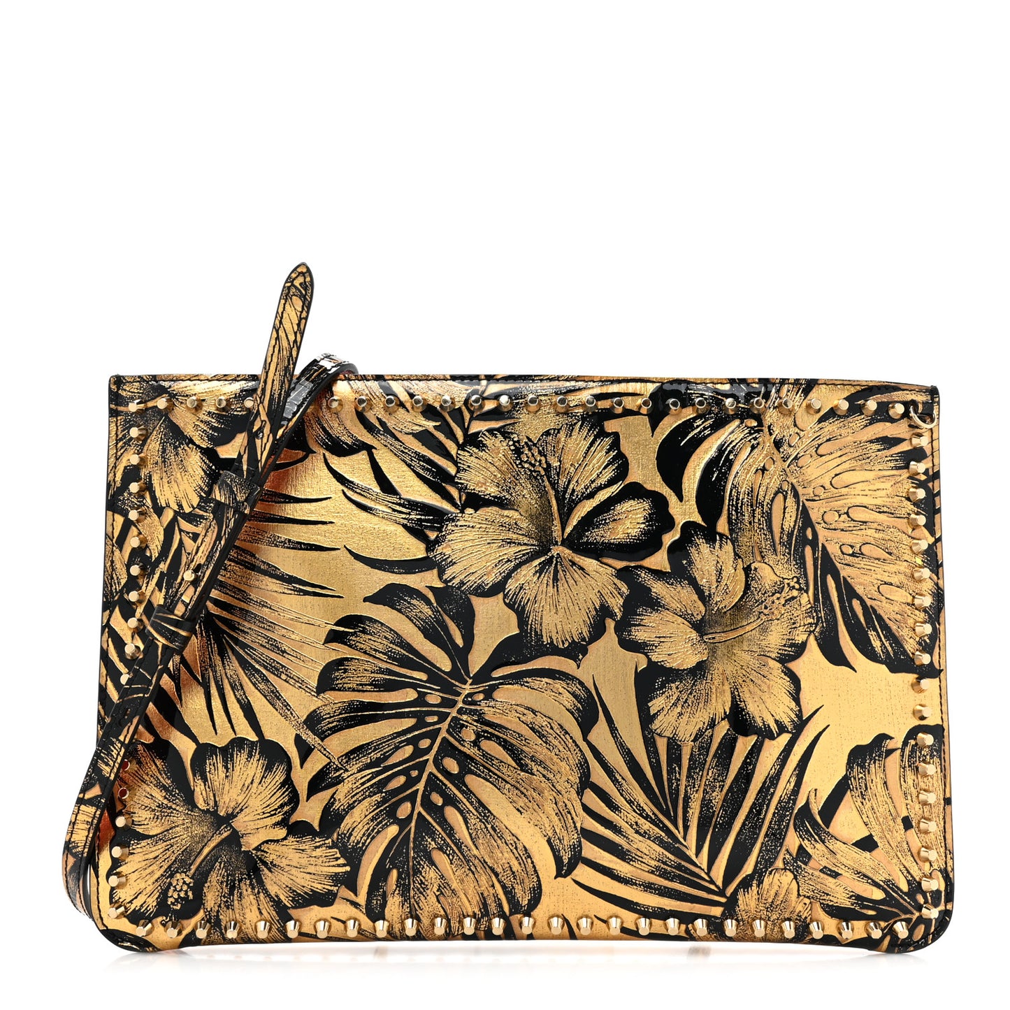 Patent Lame Hibiscus Spike Loubiclutch Clutch Black Gold
