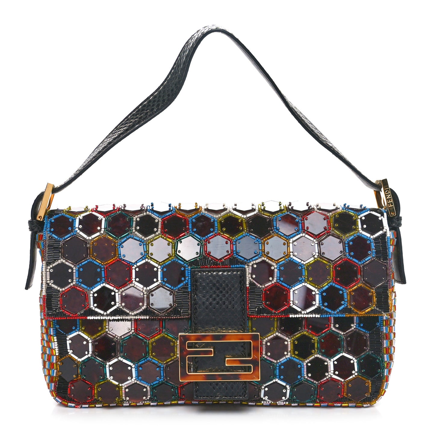 Snakeskin Beaded Embroidered Tortoise Baguette Black Multicolor