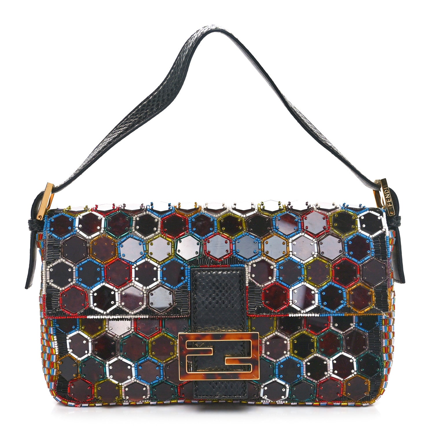 Fendi Snakeskin Beaded Embroidered Tortoise Baguette Black Multicolor 1 of 10