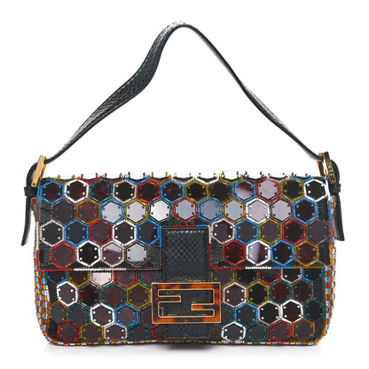 Fendi Snakeskin Beaded Embroidered Tortoise Baguette Black Multicolor 1 of 10