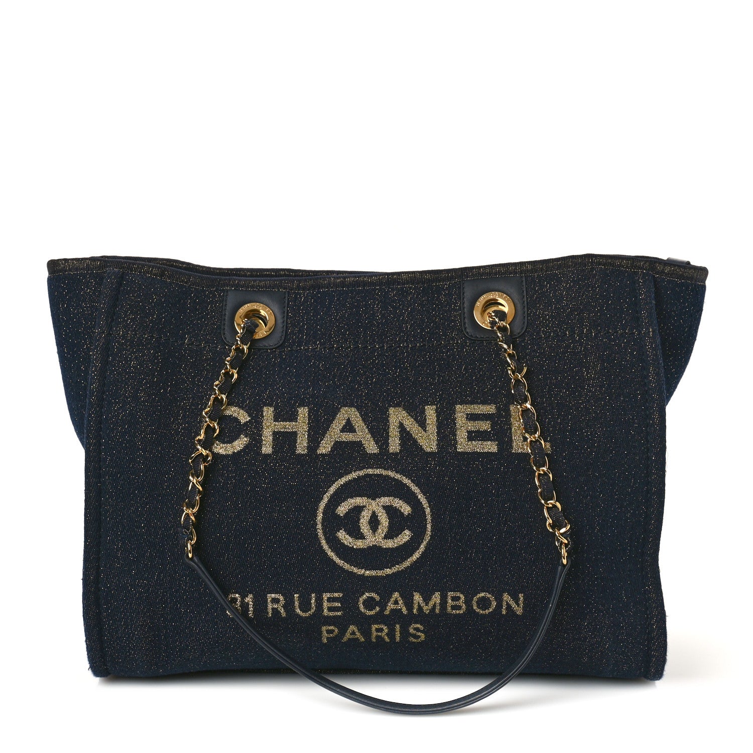 Chanel Lurex Canvas Small Deauville Tote Navy Blue Gold 1 of 10