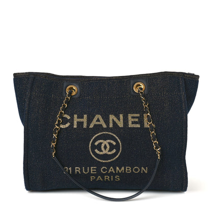 Chanel Lurex Canvas Small Deauville Tote Navy Blue Gold 1 of 10