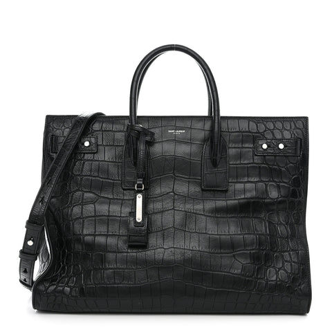 Calfskin Crocodile Embossed Large Thin Sac De Jour Black
