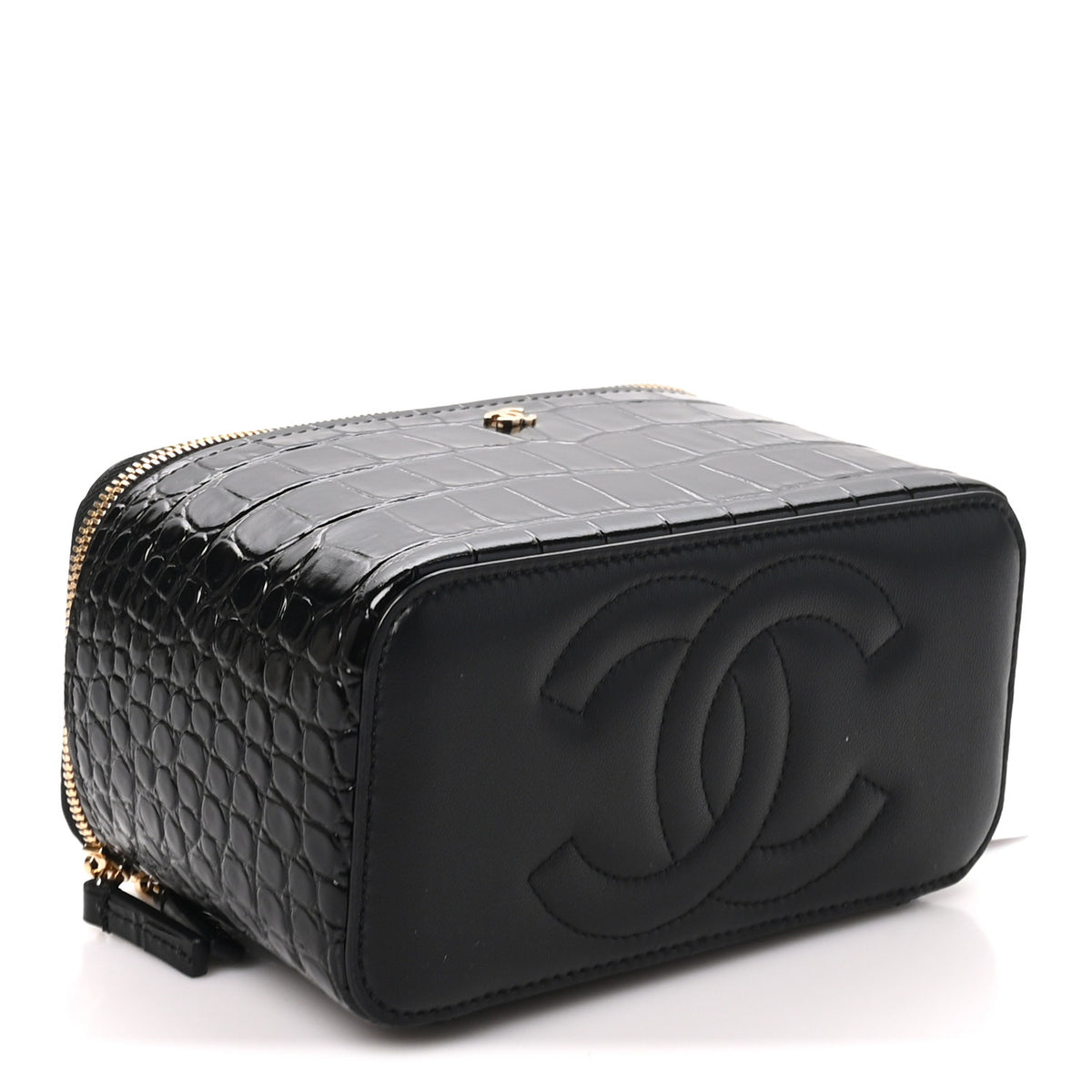 Calfskin Crocodile Embossed Crococo Small Top Handle Vanity Case With Chain Black