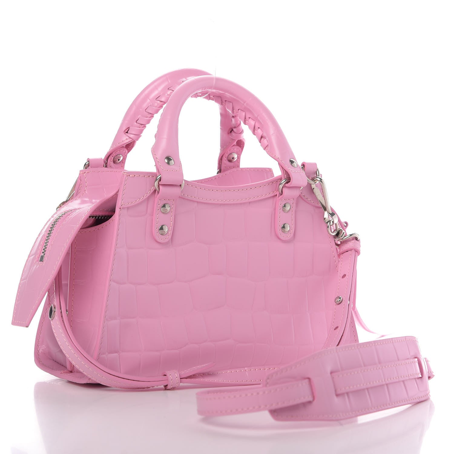 Balenciaga Semi Shiny Calfskin Crocodile Embossed Neo Classic Silver Hardware Mini City Pink 3 of 8