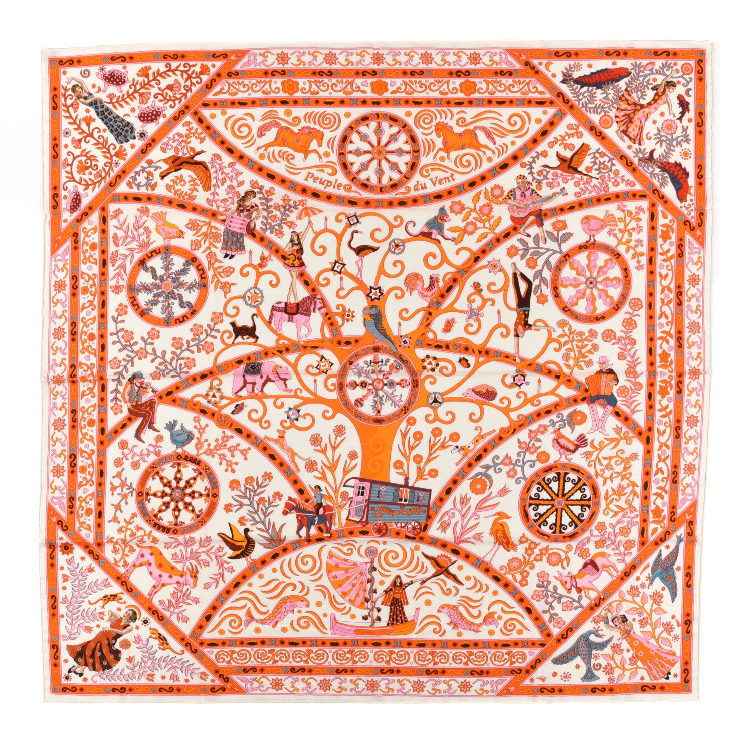 Hermes Cashmere Peuple Du Vent Shawl 140 White Orange Rose 1 of 5