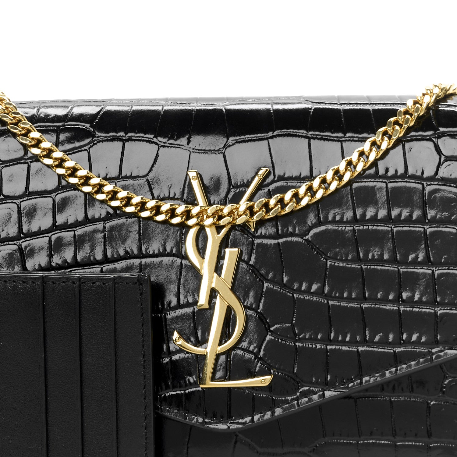 Saint Laurent Calfskin Crocodile Embossed Monogram Uptown Chain Wallet Black 10 of 12