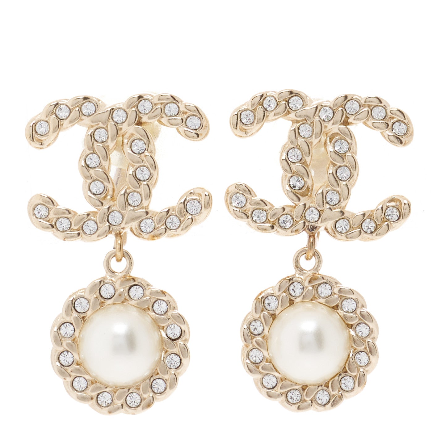 Chanel Crystal Pearl Pearls Coronation CC Drop Clip On Earrings Gold 1 of 5
