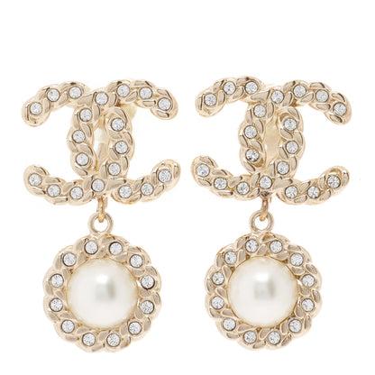 Chanel Crystal Pearl Pearls Coronation CC Drop Clip On Earrings Gold 1 of 5