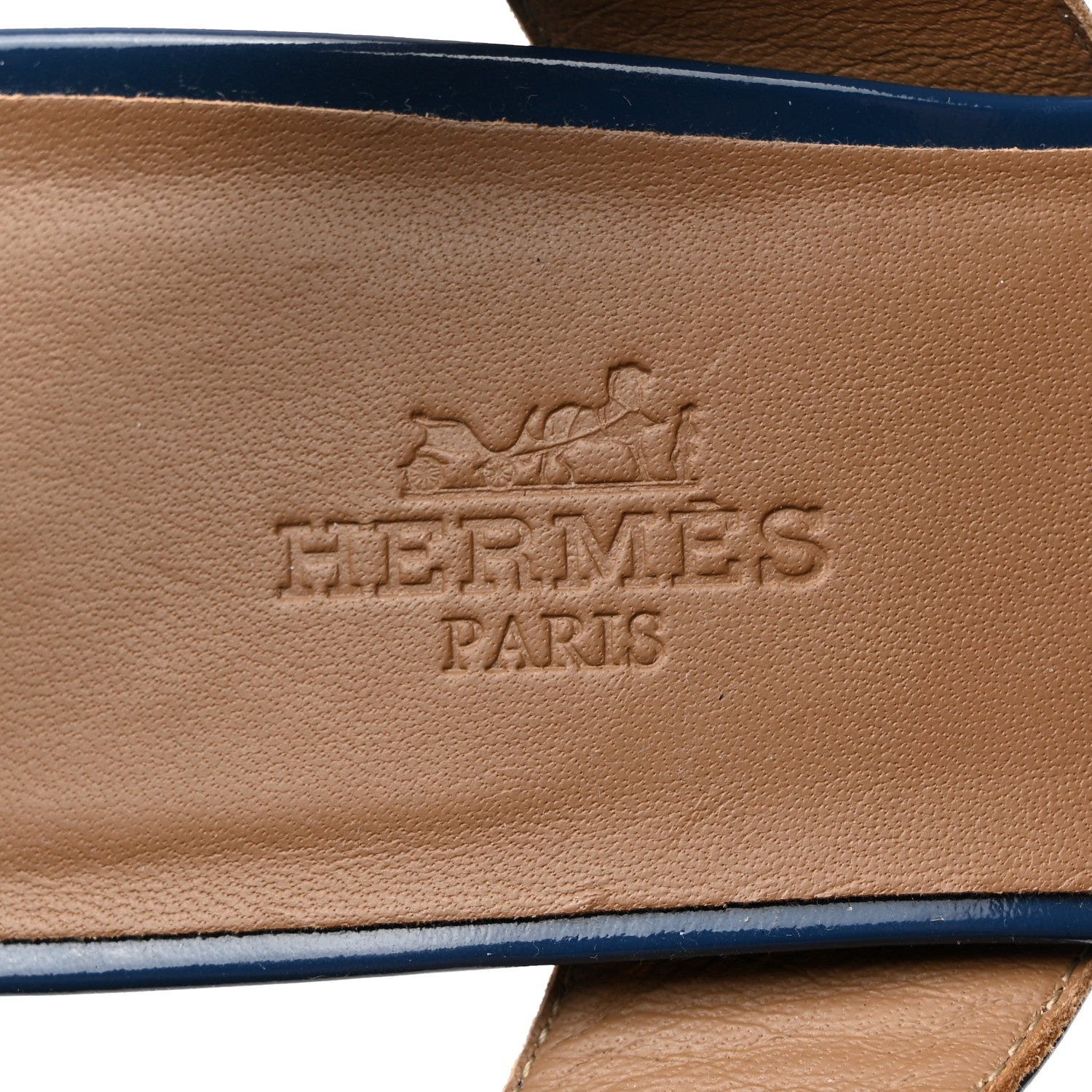 Hermes Patent Ottomane Slingback Sandals 37 Blue 7 of 13