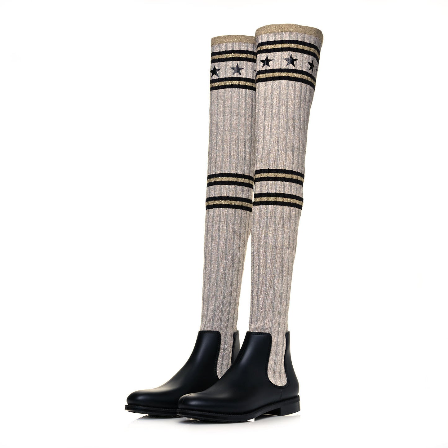 Knit Rubber Storm Over The Knee Boots 35 Silver Gold