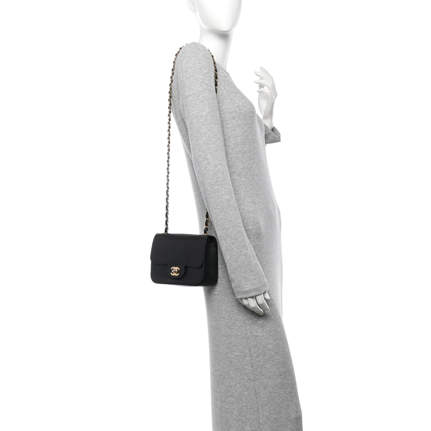 Grained Calfskin Mini Square Classic Pure Flap Black