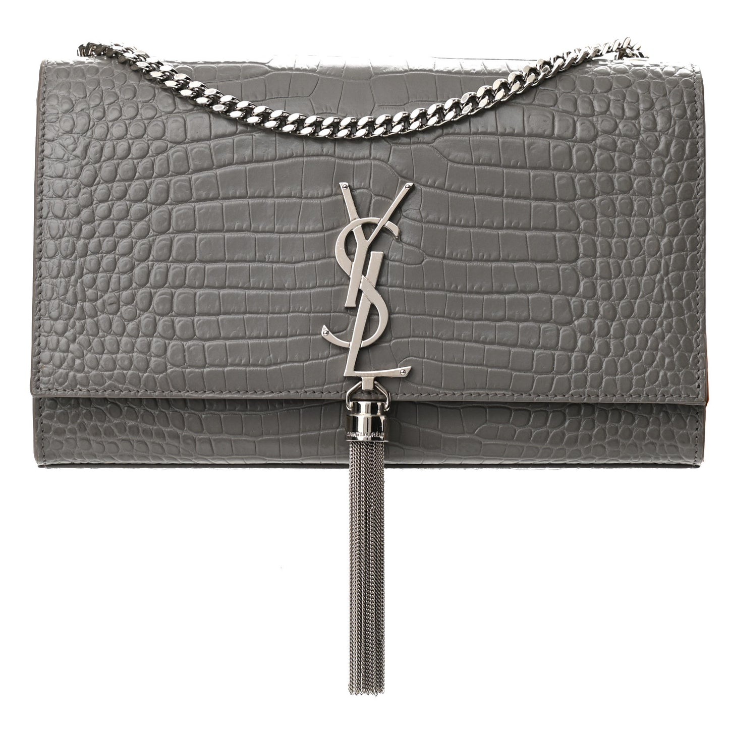 Calfskin Crocodile Embossed Medium Classic Monogram Kate Tassel Satchel Fog