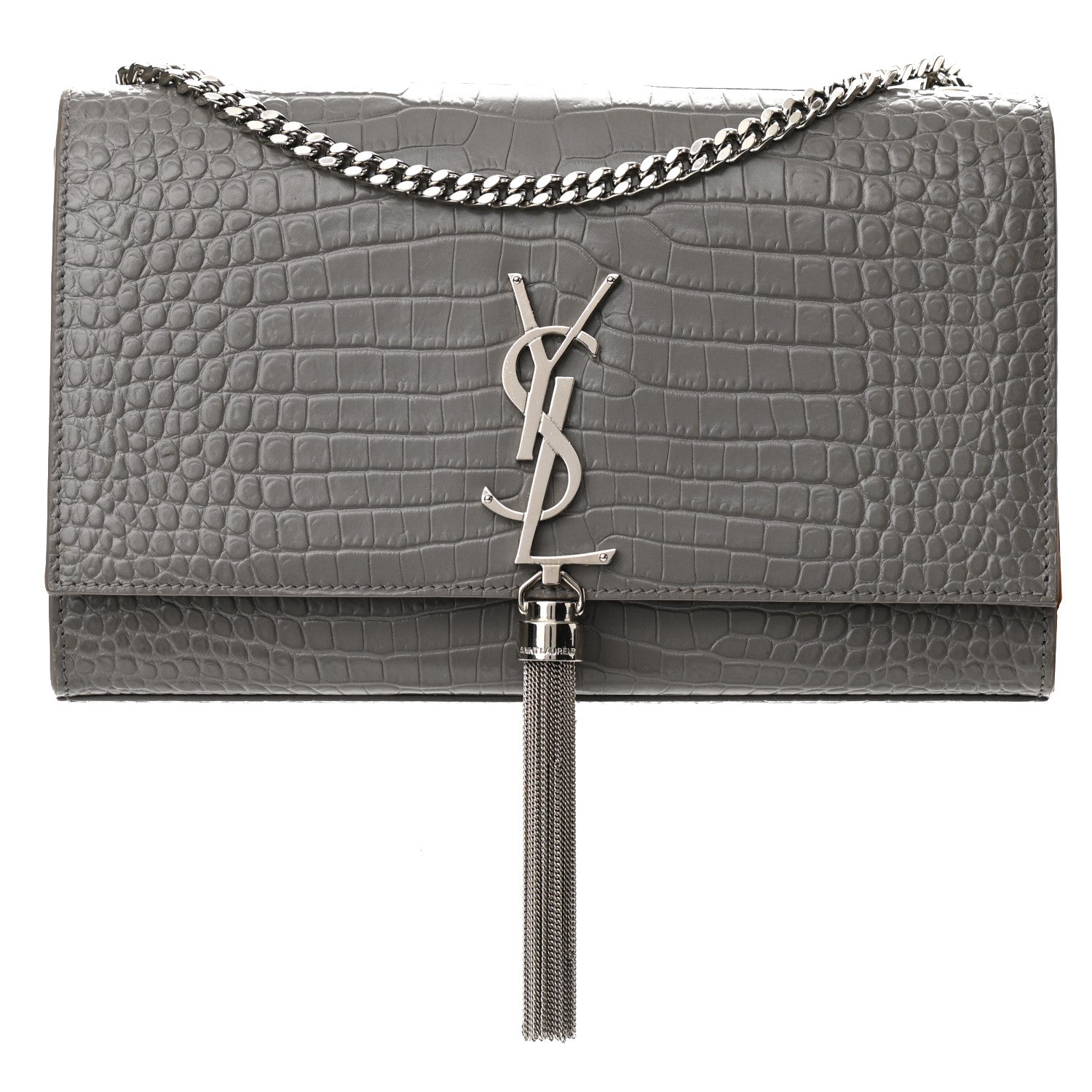 Saint Laurent Calfskin Crocodile Embossed Medium Classic Monogram Kate Tassel Satchel Fog 1 of 10