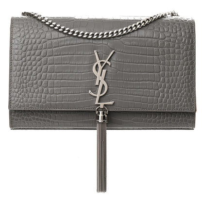 Saint Laurent Calfskin Crocodile Embossed Medium Classic Monogram Kate Tassel Satchel Fog 1 of 10