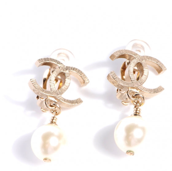 CC Pearl Drop Clip On Earrings Light Gold