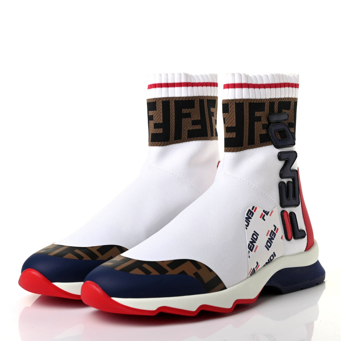 X FILA Stretch Knit Calfskin Mania Sock Sneakers 37 White Indaco Fiamma Tobacco Black