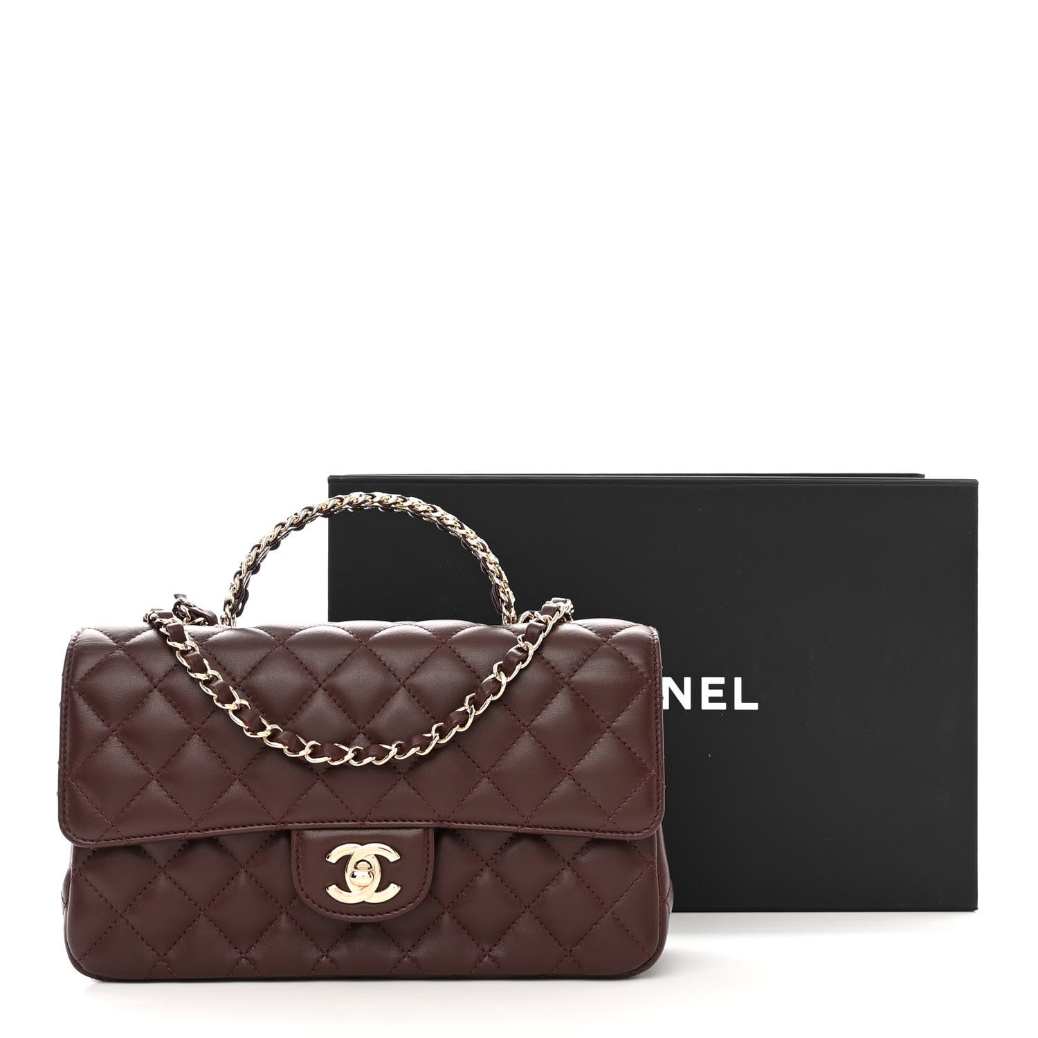 CHANEL ブラウンレザー ケース Chanel Lambskin Quilted Medium Crystal Top Handle Rectangular Flap