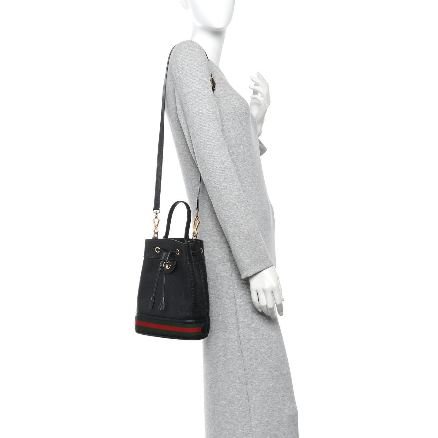Glazed Textured Calfskin Web Small Ophidia Bucket Bag Black