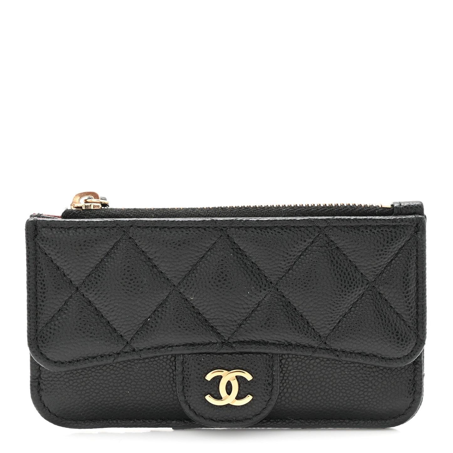 Caviar Quilted Flap Zip Card Holder Black