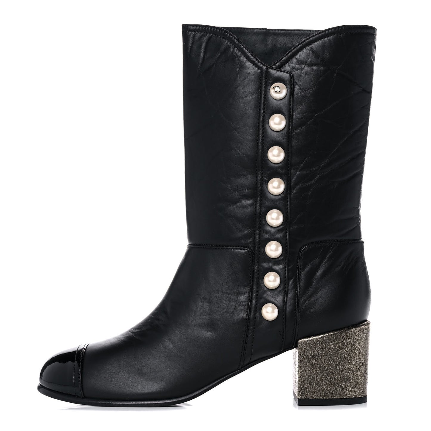 Calfskin Patent Pearl Cap Toe Boots 42 Black