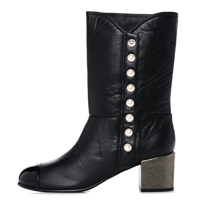 Chanel Calfskin Patent Pearl Cap Toe Boots 42 Black 1 of 9