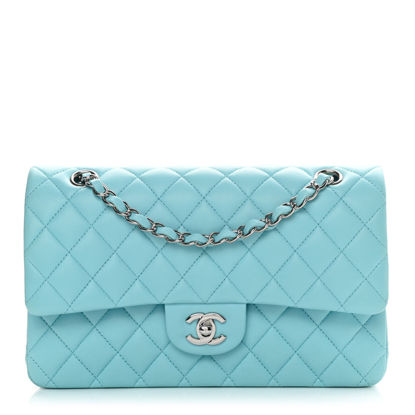 Lambskin Quilted Medium Double Flap Light Blue