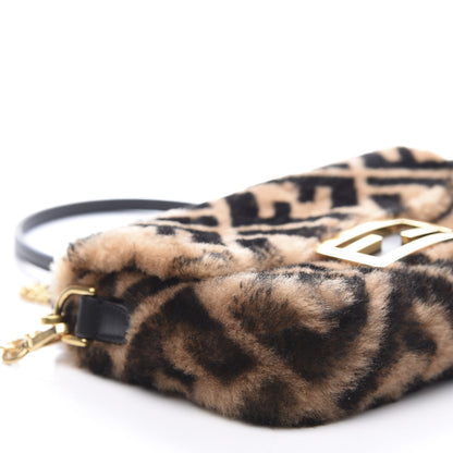 Fendi Shearling Vitello Dolce Macro FF 1974 Mini Baguette Tobacco Black 8 of 9