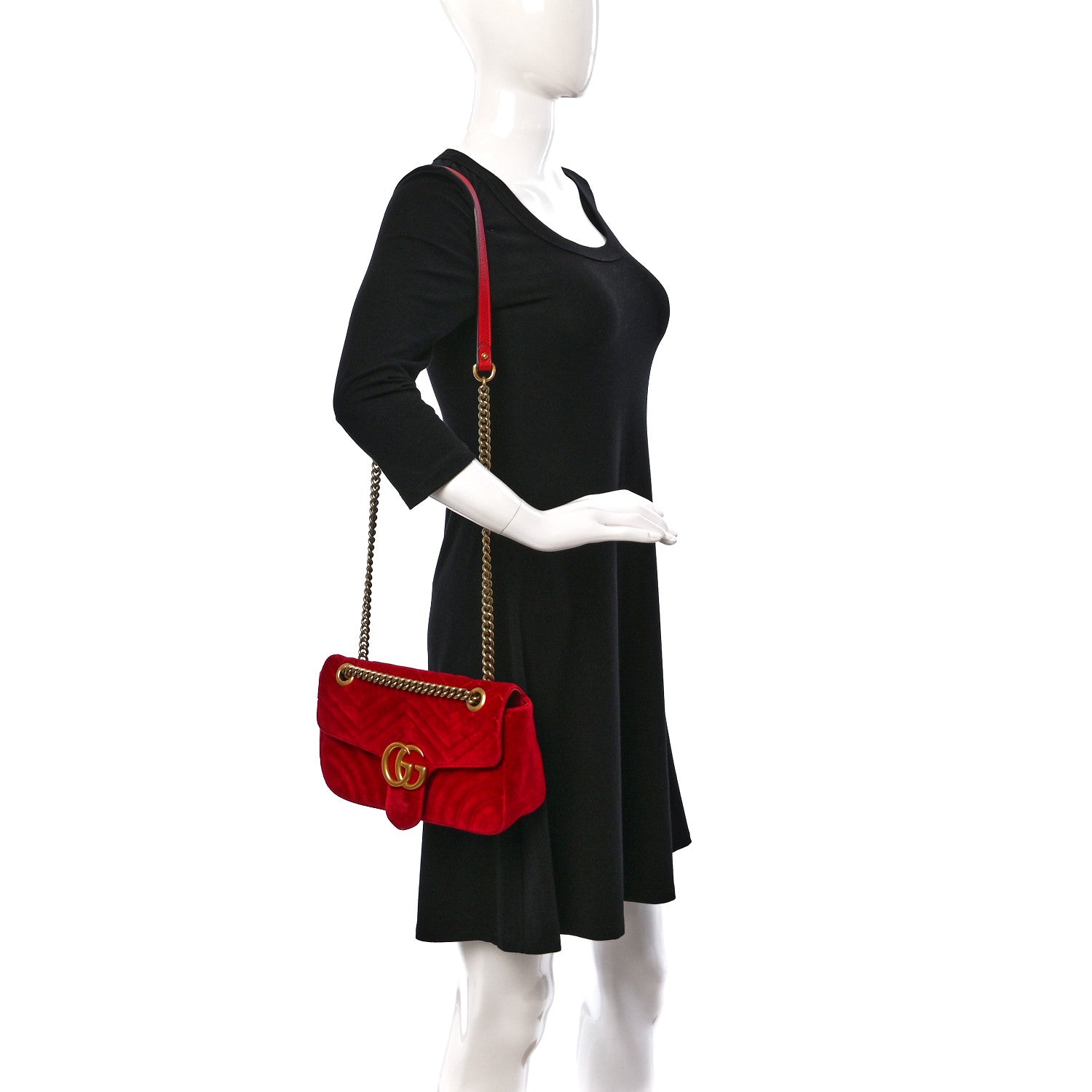 Gucci Velvet Matelasse Small GG Marmont Shoulder Bag Hibiscus Red 2 of 9