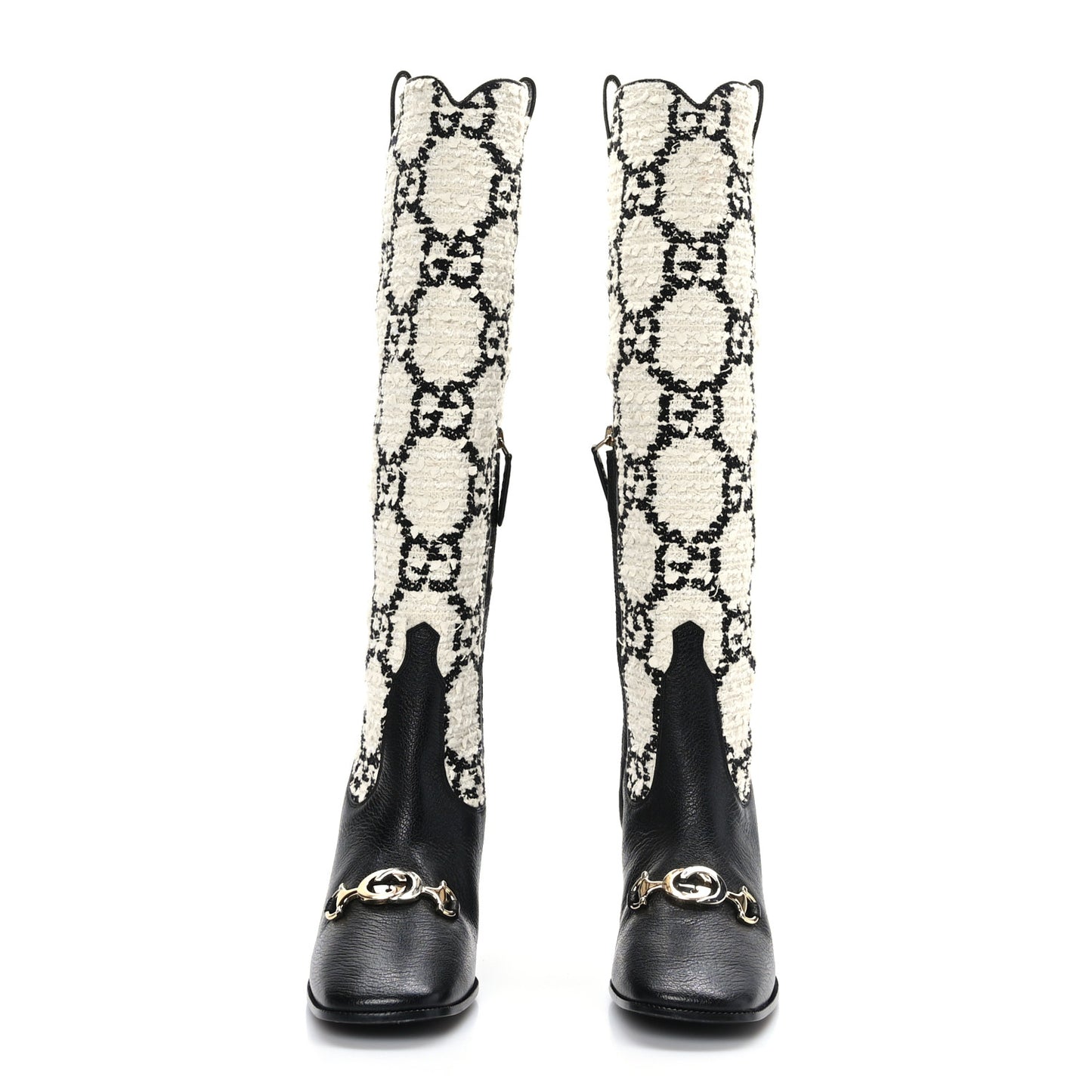 Tweed GG Monogram Wrinkled Kid Zumi Knee Boots 38 Natural Black