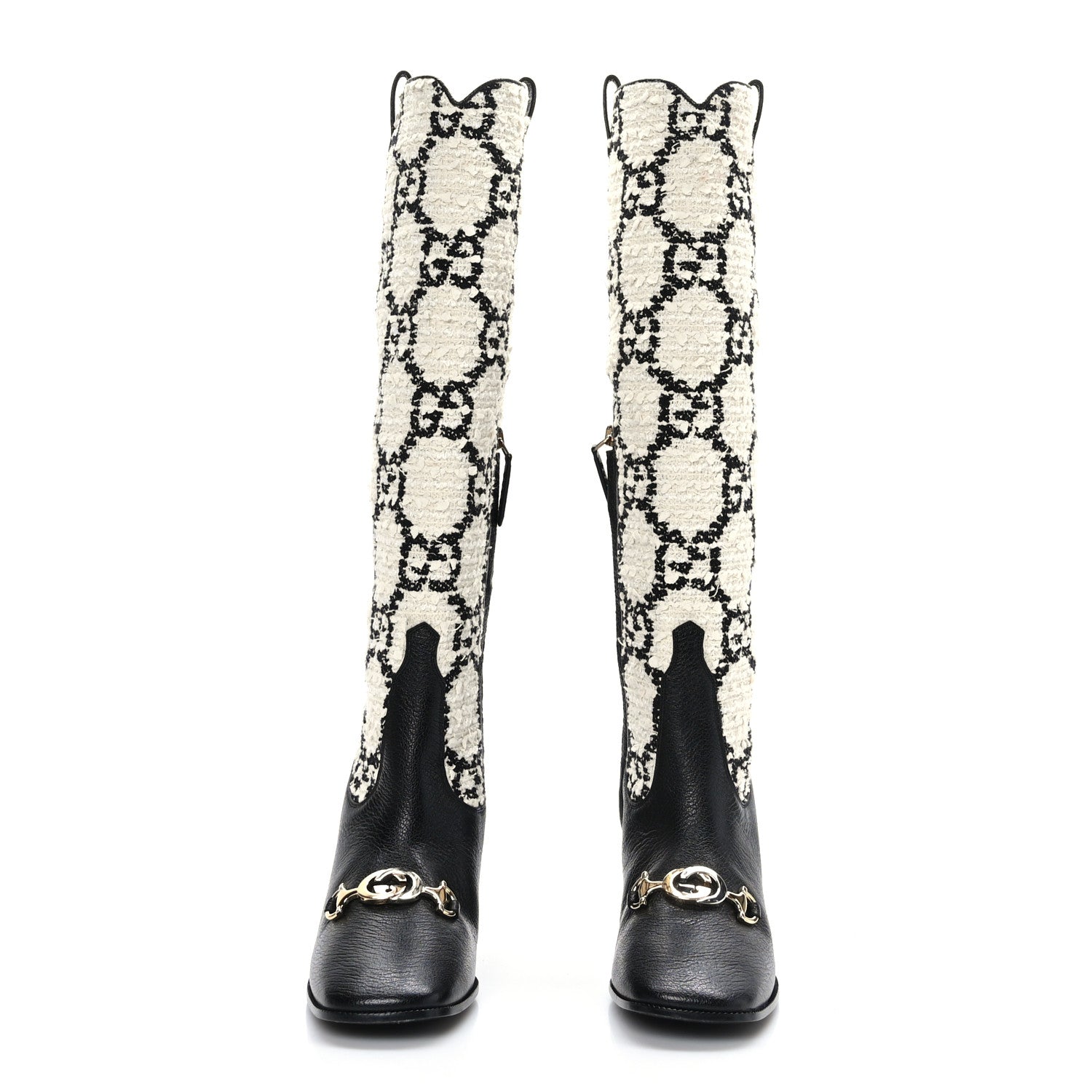 Gucci Tweed GG Monogram Wrinkled Kid Zumi Knee Boots 38 Natural Black 2 of 7
