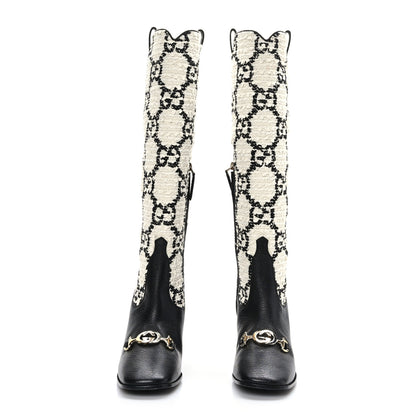 Gucci Tweed GG Monogram Wrinkled Kid Zumi Knee Boots 38 Natural Black 2 of 7
