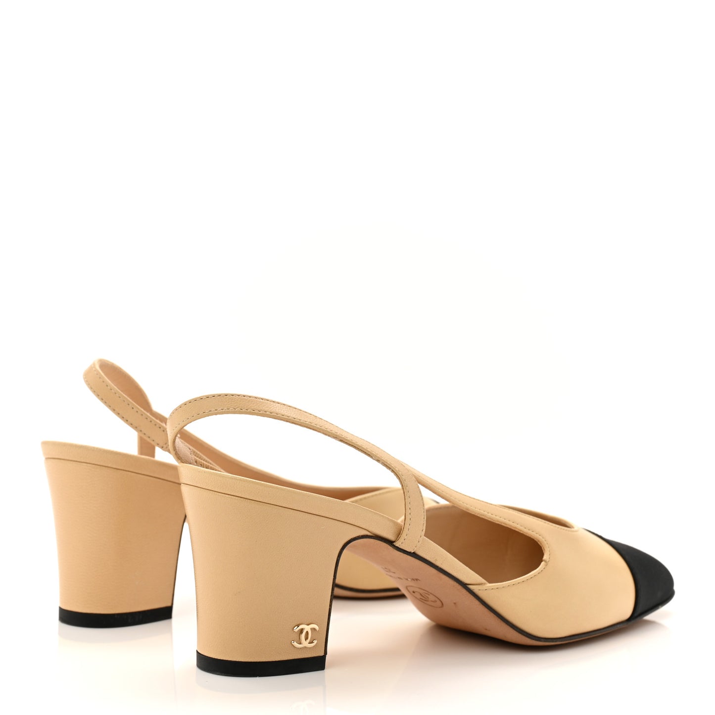 Goatskin Grosgrain Cap Toe CC Slingback Pumps 37 Beige Black
