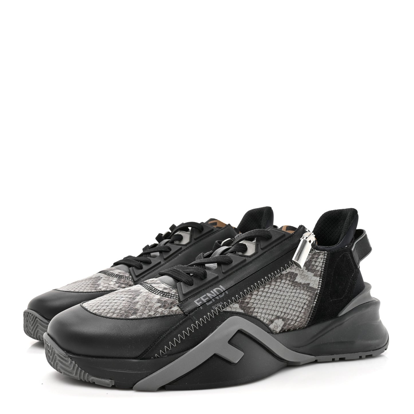 Calfskin Suede Snakeskin Mens Fendi Flow Low Top Sneakers 12 Asfalto Black Tabacco