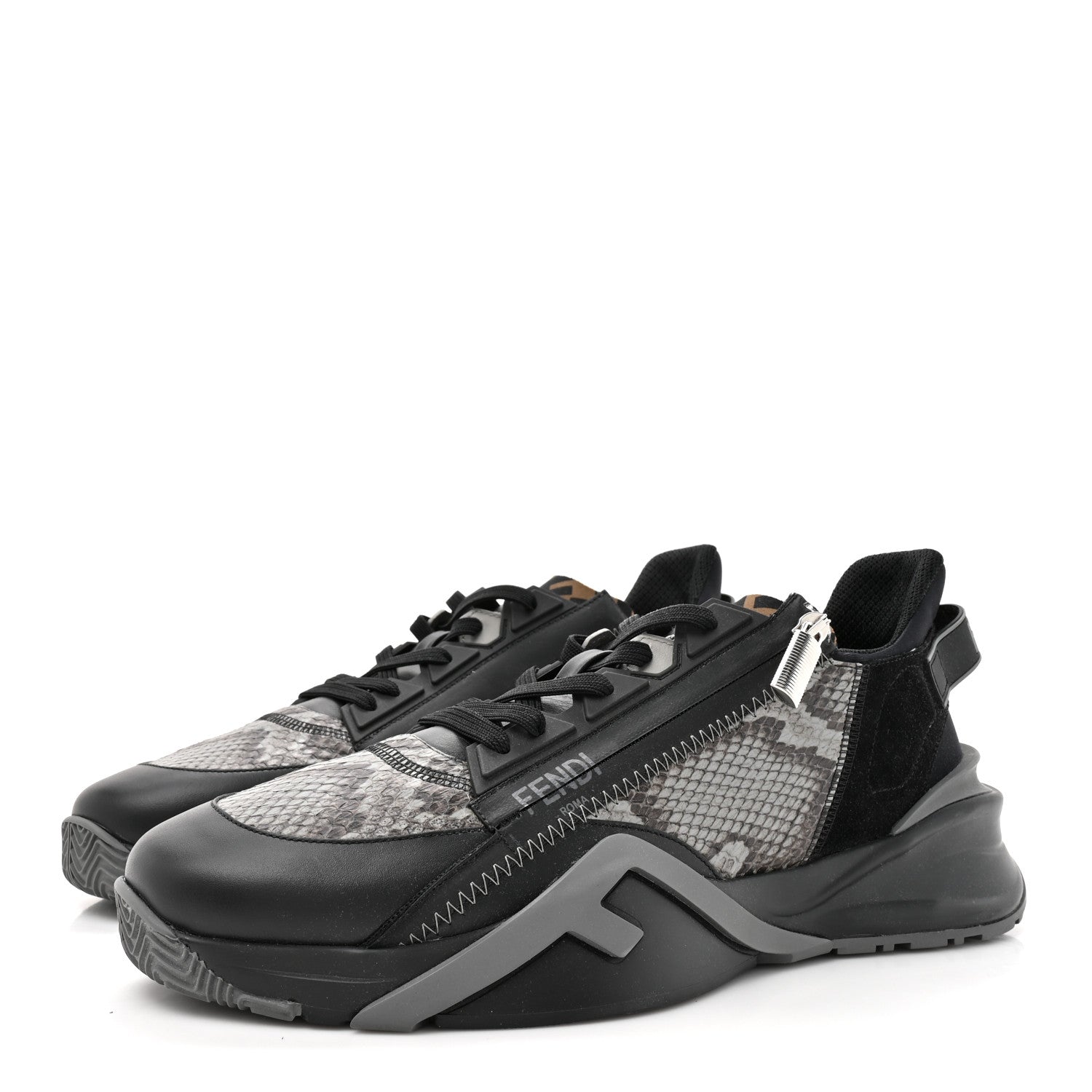 Fendi Calfskin Suede Snakeskin Mens Fendi Flow Low Top Sneakers 12 Asfalto Black Tabacco 4 of 9