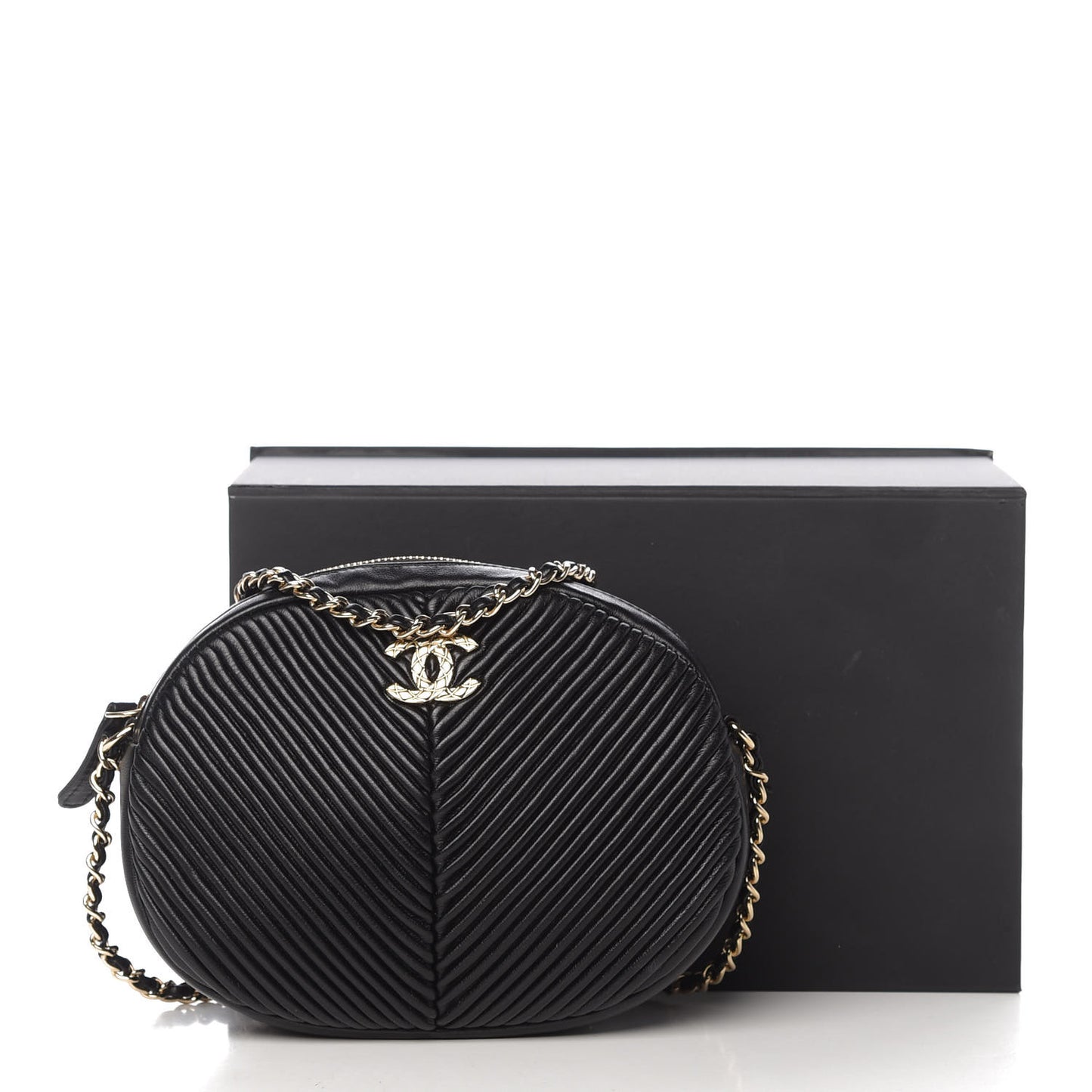 Lambskin Chevron Quilted Small Pleated Crush Camera Case Black