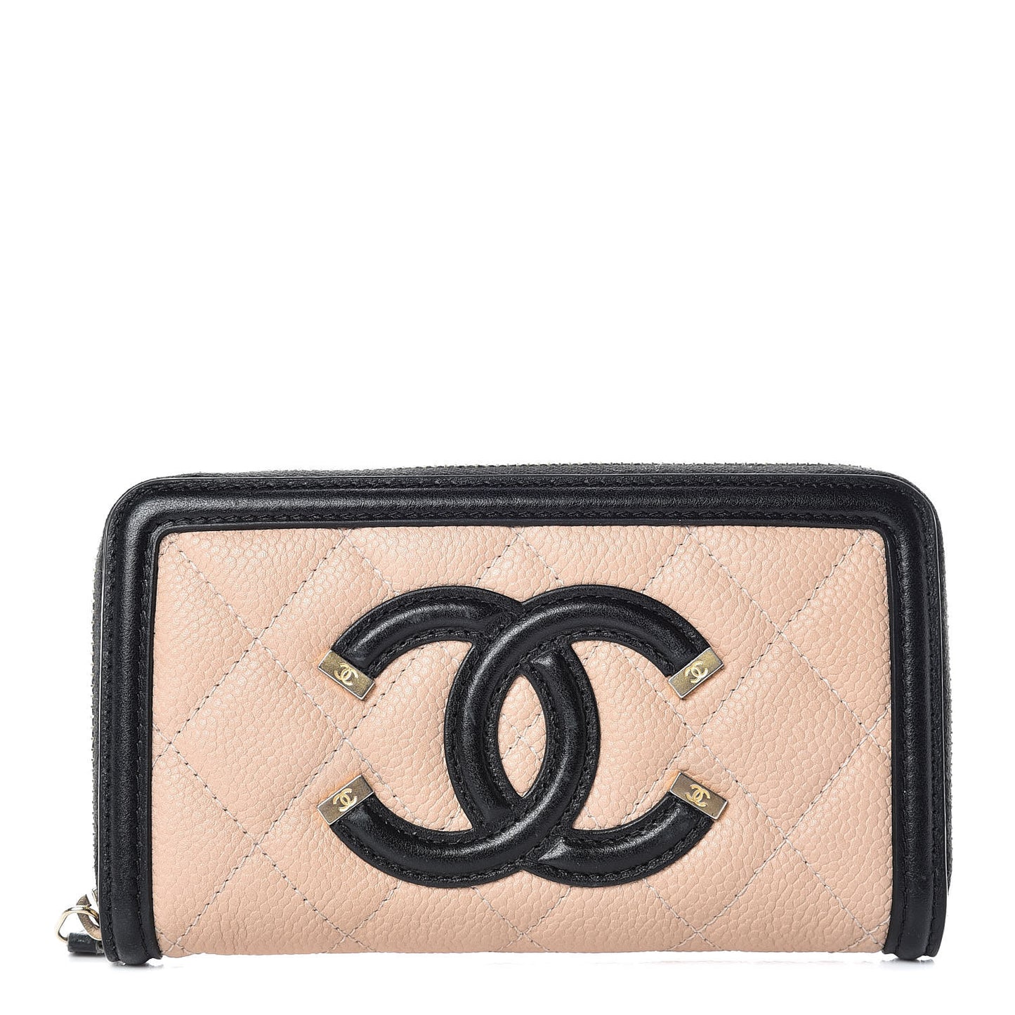 Caviar Quilted Small Filigree Zip Around Wallet Beige Black