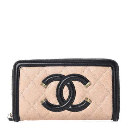 Chanel Caviar Quilted Small Filigree Zip Around Wallet Beige Black 1 of 15