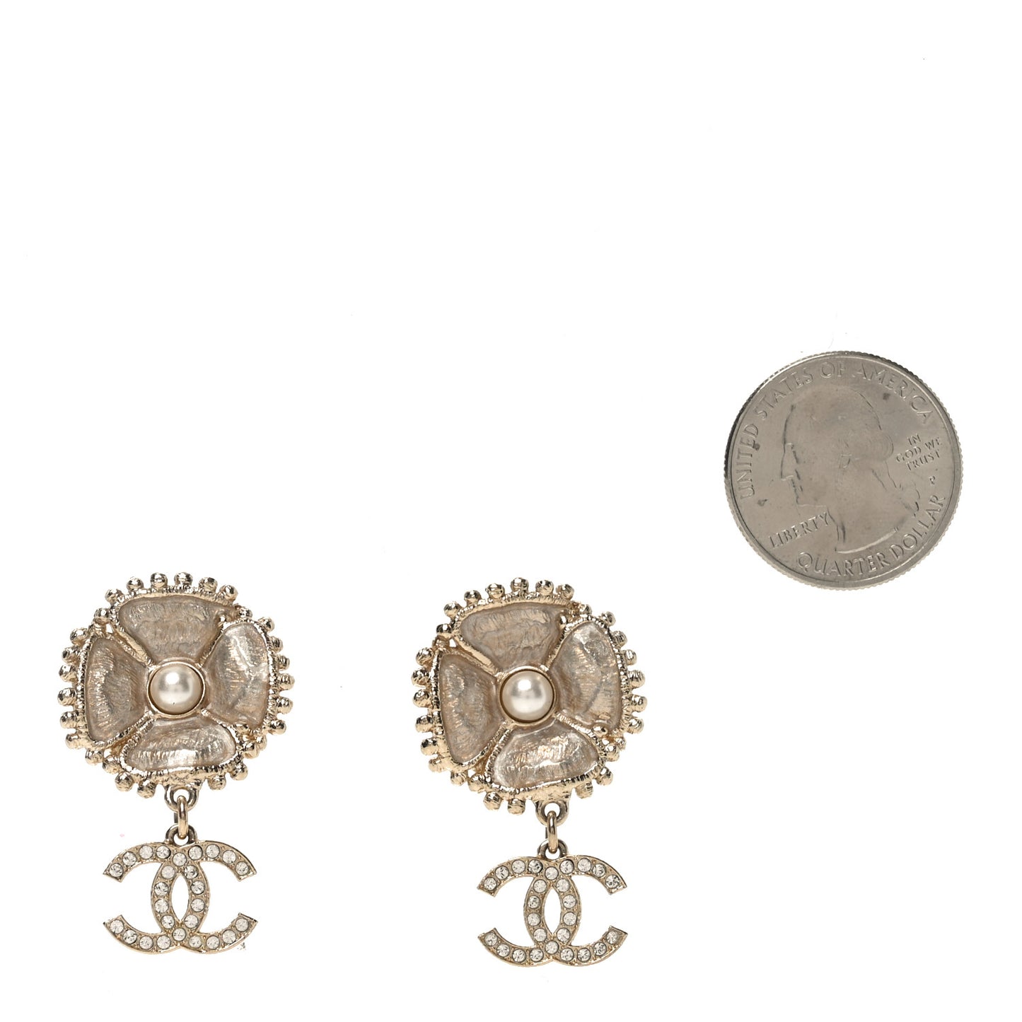 Crystal Pearl Resin Camellia CC Drop Earrings Gold
