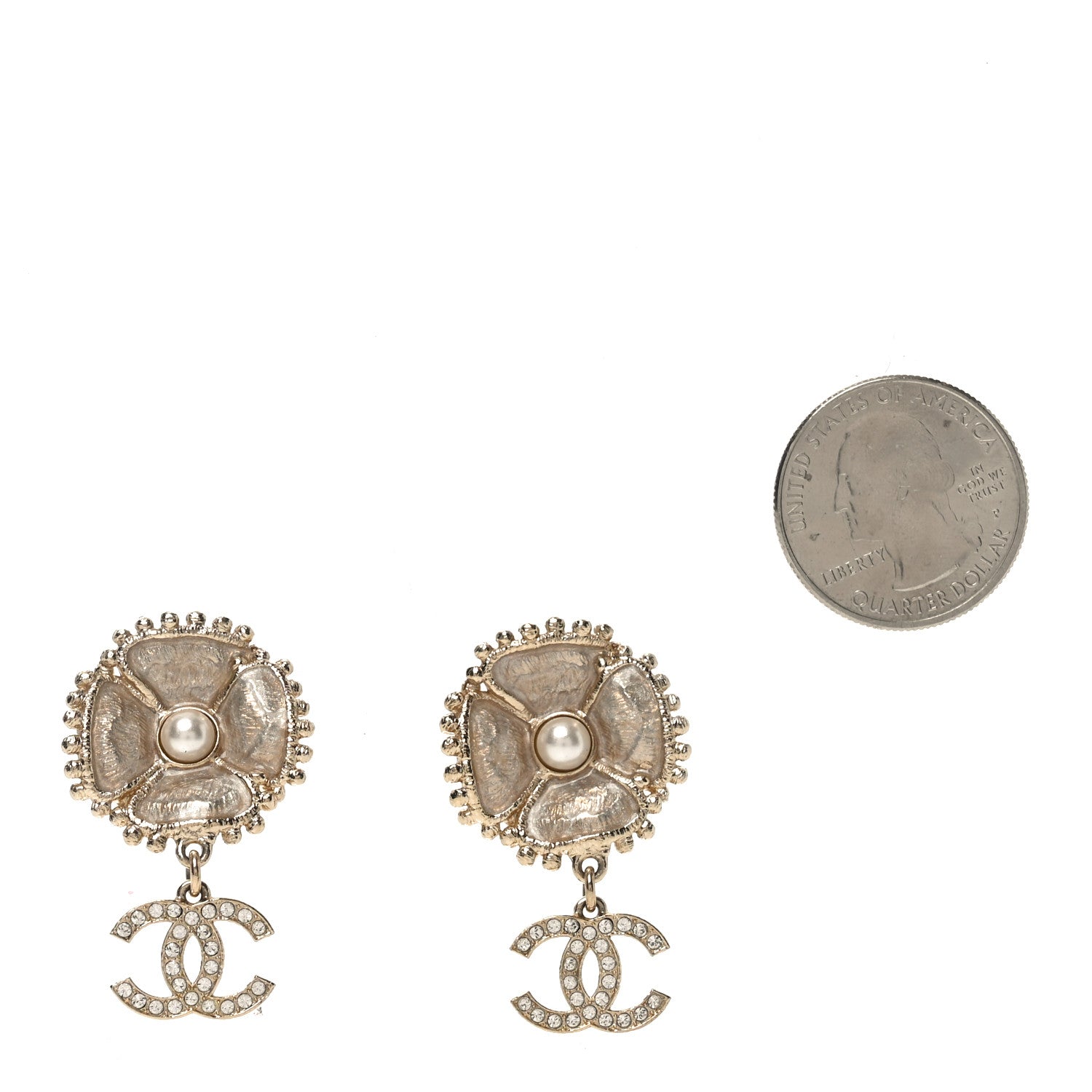 Chanel Crystal Pearl Resin Camellia CC Drop Earrings Gold 2 of 4