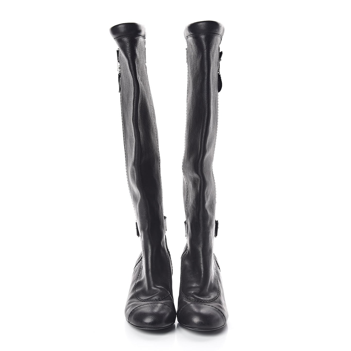Calfskin Zipper Buckle Knee High Tall Boots 41 Black