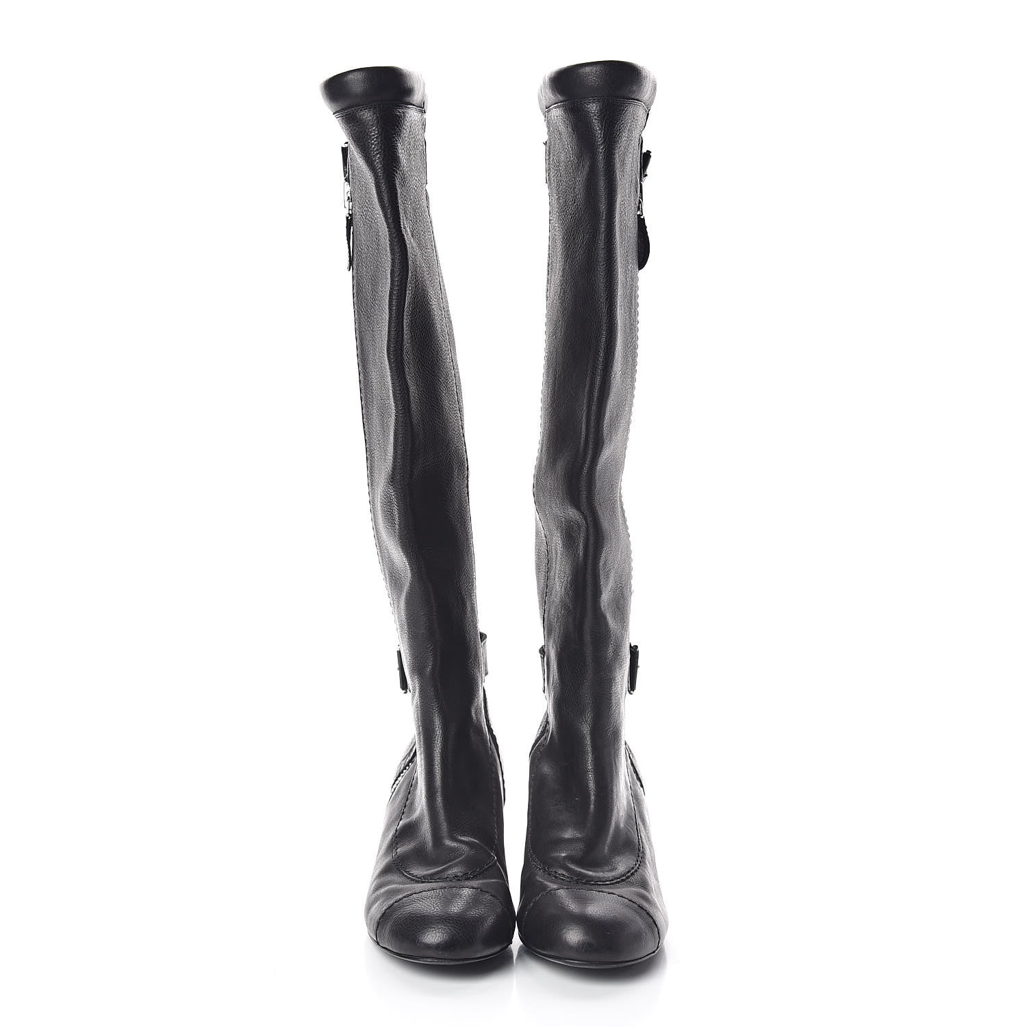 Chanel Calfskin Zipper Buckle Knee High Tall Boots 41 Black 2 of 9