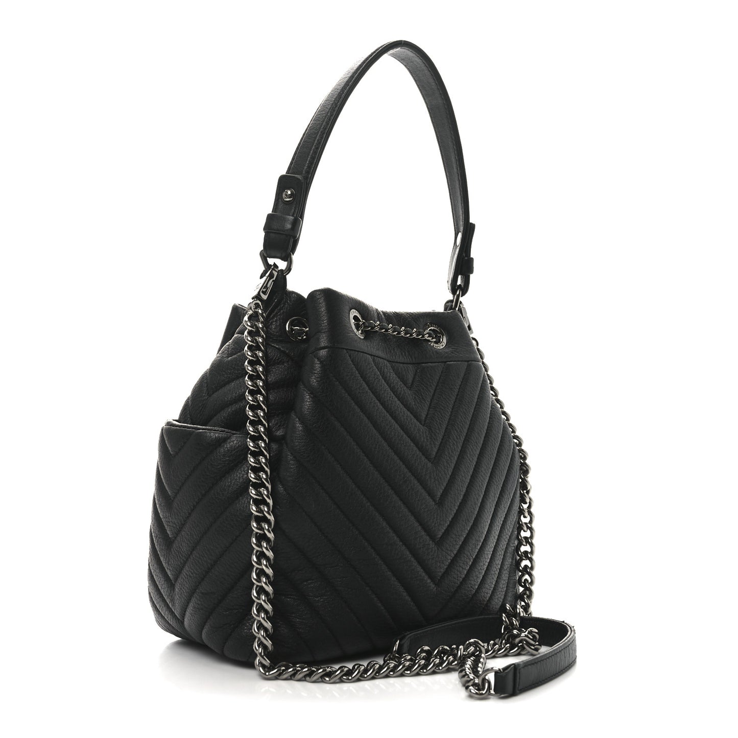 Deerskin Chevron Small CC Chain Bucket Bag Black