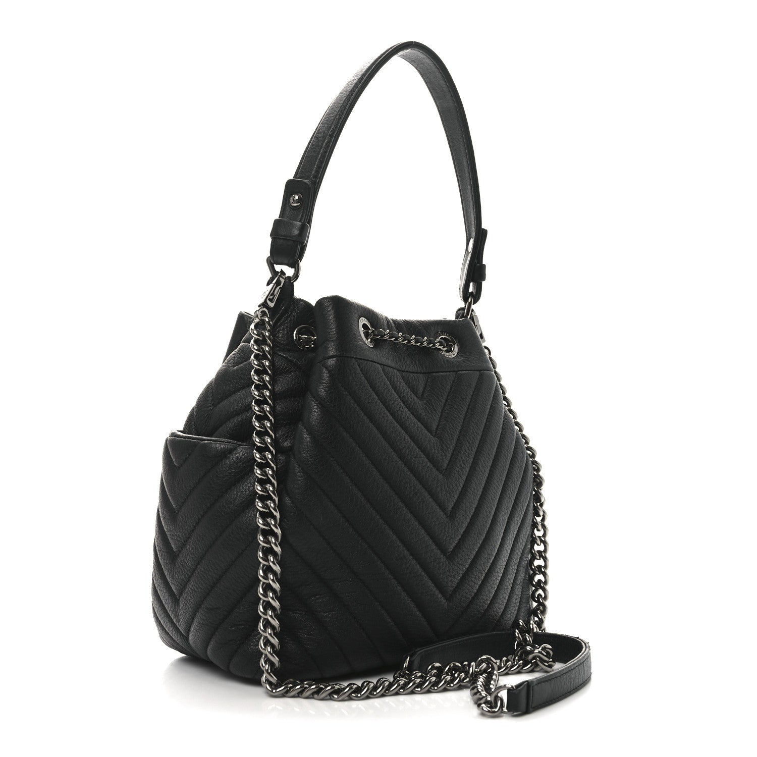 Chanel Deerskin Chevron Small CC Chain Bucket Bag Black 3 of 10