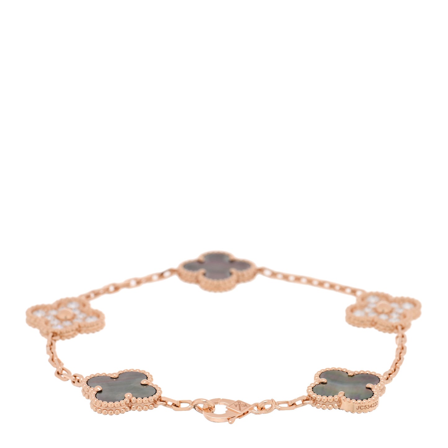 18K Rose Gold Diamond Gray Mother of Pearl 5 Motifs Vintage Alhambra Bracelet
