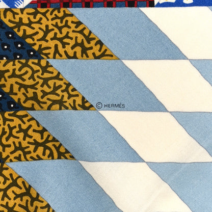 Hermes Cashmere Silk American Quilts Shawl 140 Marine Clair White 3 of 6