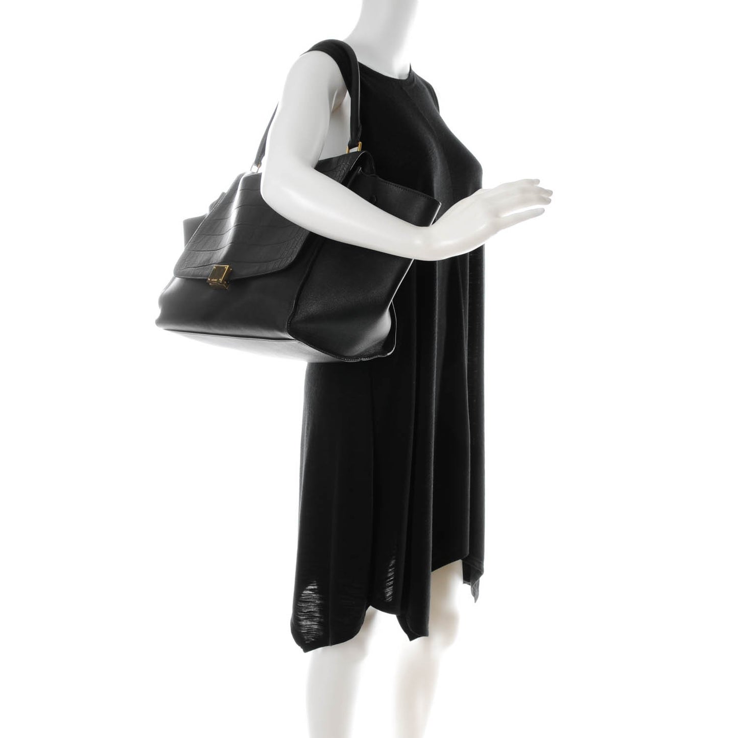 Crocodile Embossed Calfskin Large Trapeze Black