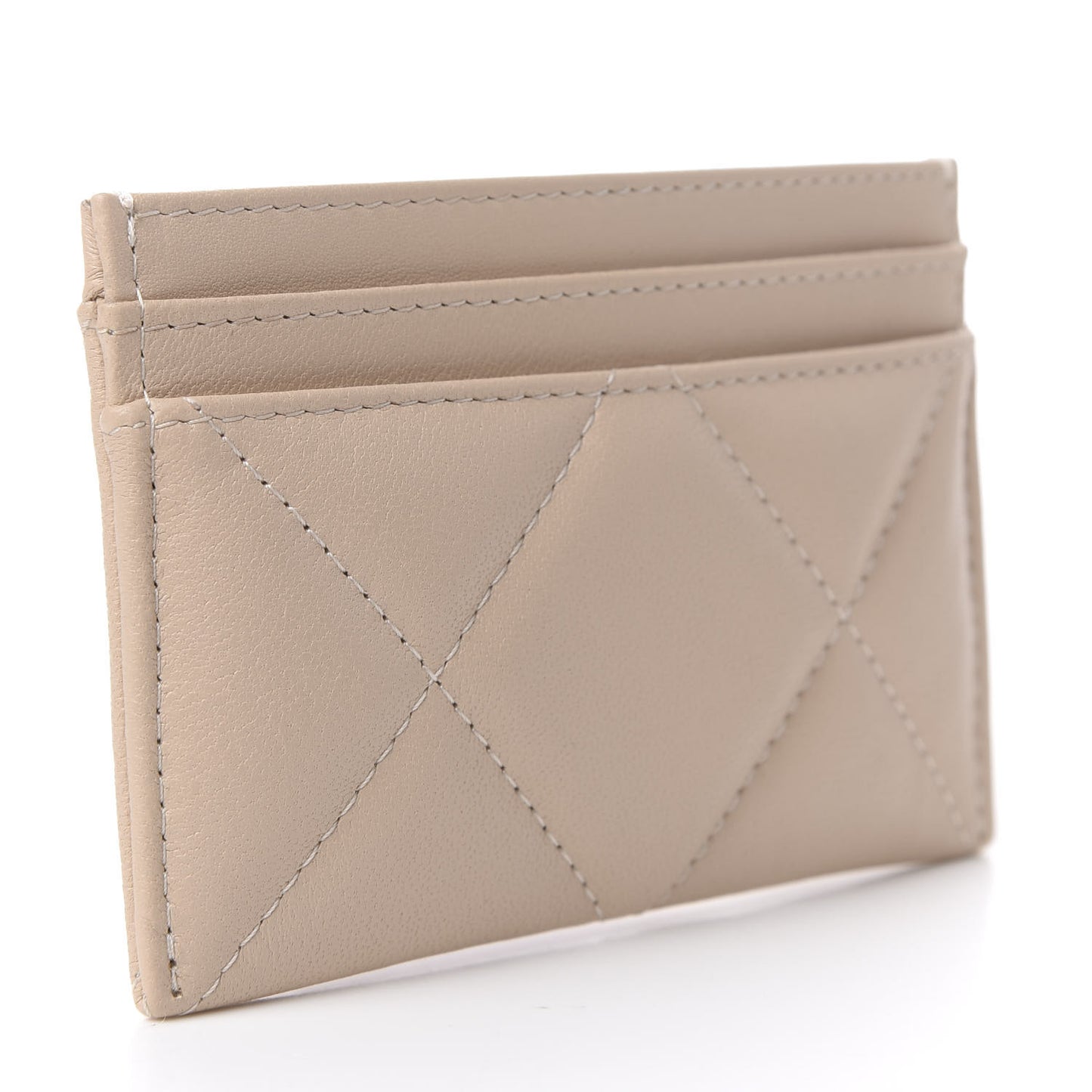 Shiny Goatskin Quilted Chanel 19 Card Holder Beige